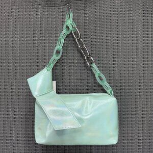 Holographic Green No Boundaries Knotted Shoulder Bag With Chain Strap & Zip Clos